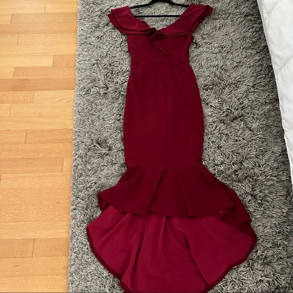 Red Ruffle Hi-Low Midi Bodycon Dress, XS - Picture 2 of 10